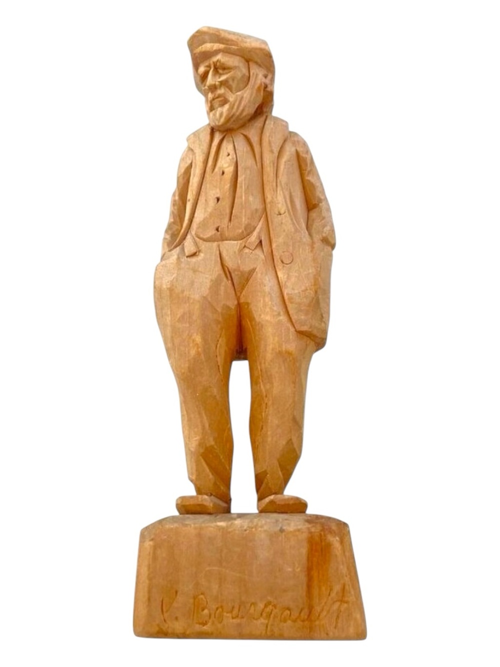 V. Bourgault Quebec art Hand-Carved Wooden Sculpture Old Bearded fisherMan In Tr